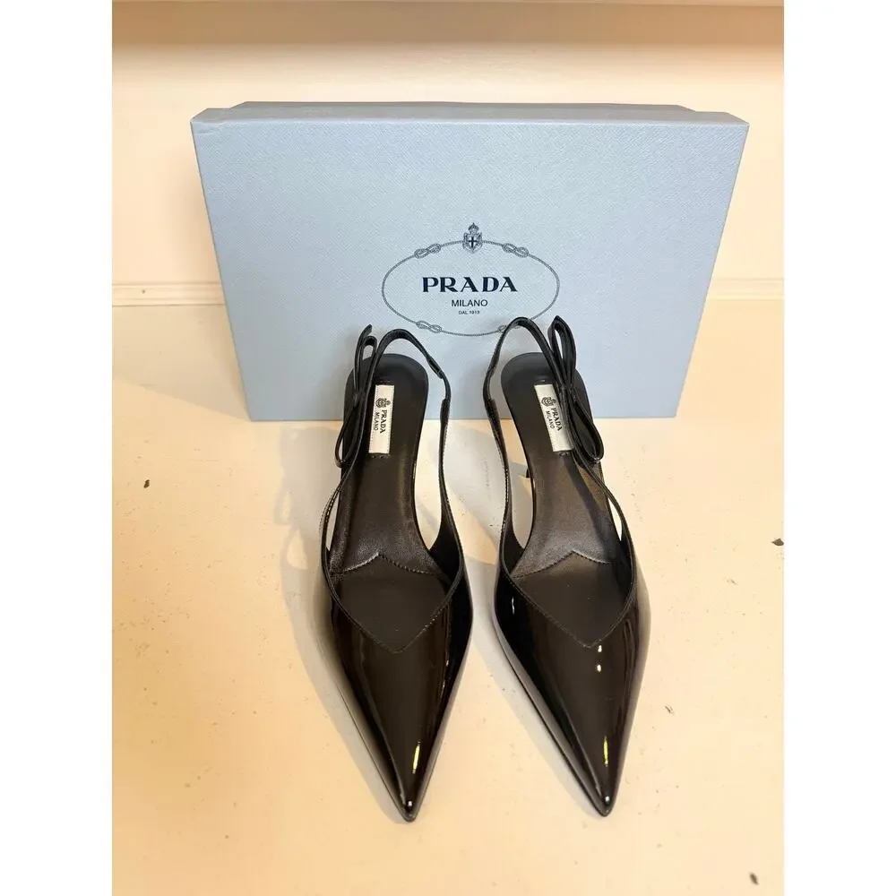 NWB Prada Patent Leather Slingback Pumps Black Womens Size 36